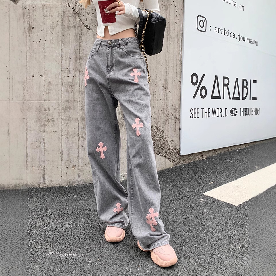 グレー パンツ 十字架モチーフストレートデニム