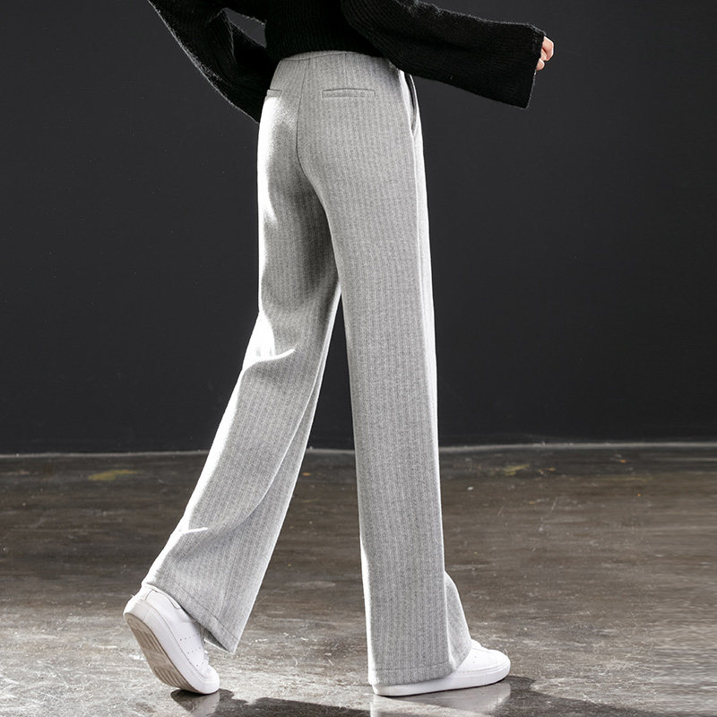 グレー パンツ リブ編みワイドストレートスウェットパンツ