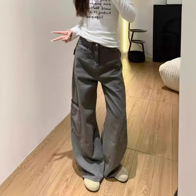 グレー パンツ ワイドシルエット実用ポケットパンツ