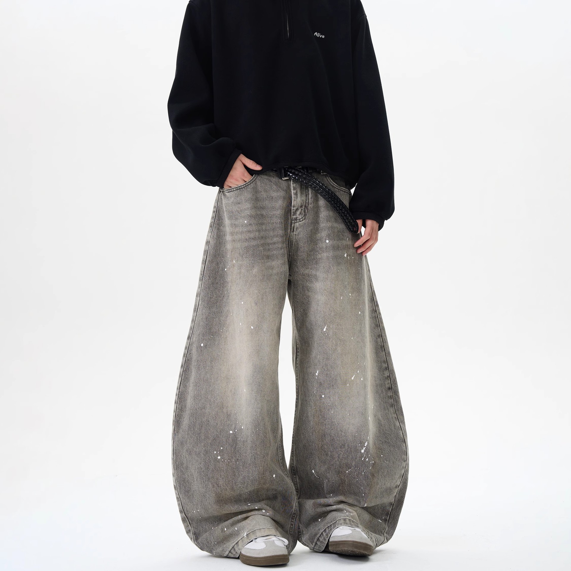 グレー パンツ ダメージ加工ワイドデニム