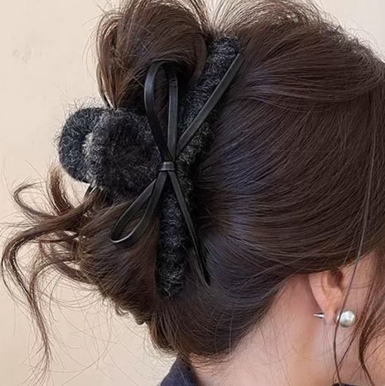 ヘアアクセサリー リボンバレッタ起毛質感大きめヘアクリップ秋冬