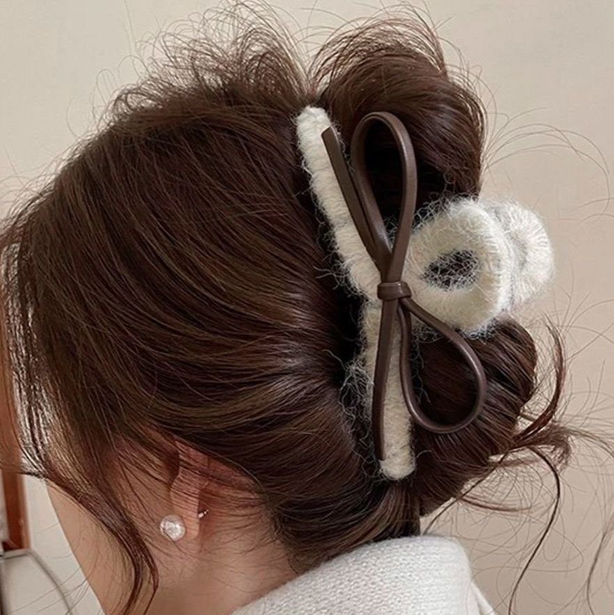 ヘアアクセサリー リボンバレッタ起毛質感大きめヘアクリップ秋冬