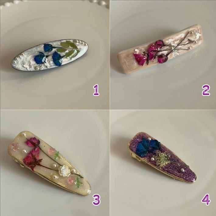 ヘアアクセサリー 押し花バレッタ★パール装飾★4色展開