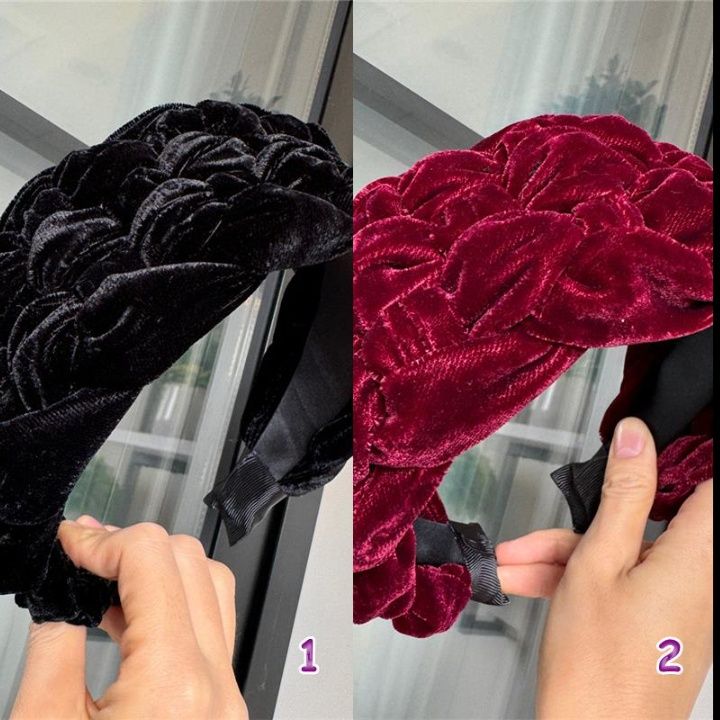 ヘアアクセサリー 高級ベルベット風カチューシャ 編み込み髪飾り 黒赤2色