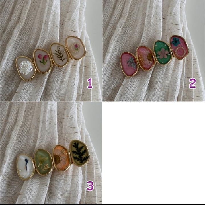 ヘアアクセサリー 押し花バレッタ 楕円形 金縁 髪飾り 3種類