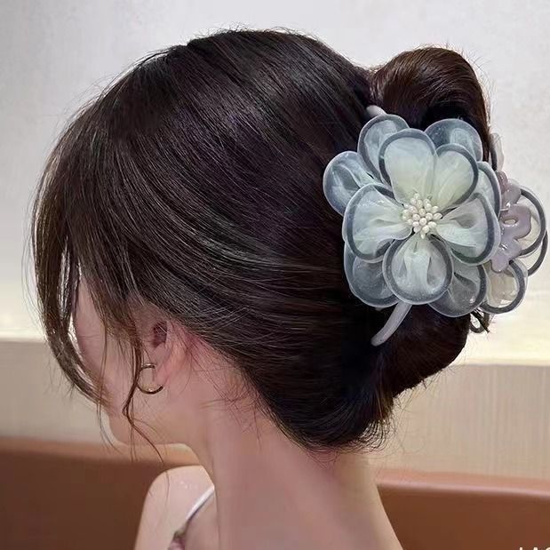 ヘアアクセサリー 透け感フラワーモチーフパールビジューバレッタ