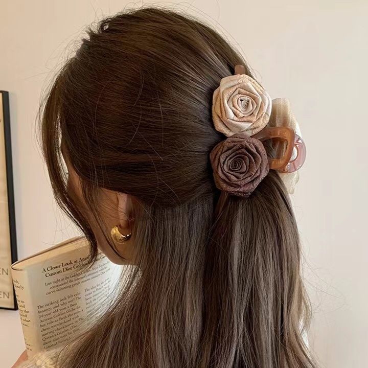 ヘアアクセサリー 立体フラワー薔薇モチーフべっ甲調バレッタ