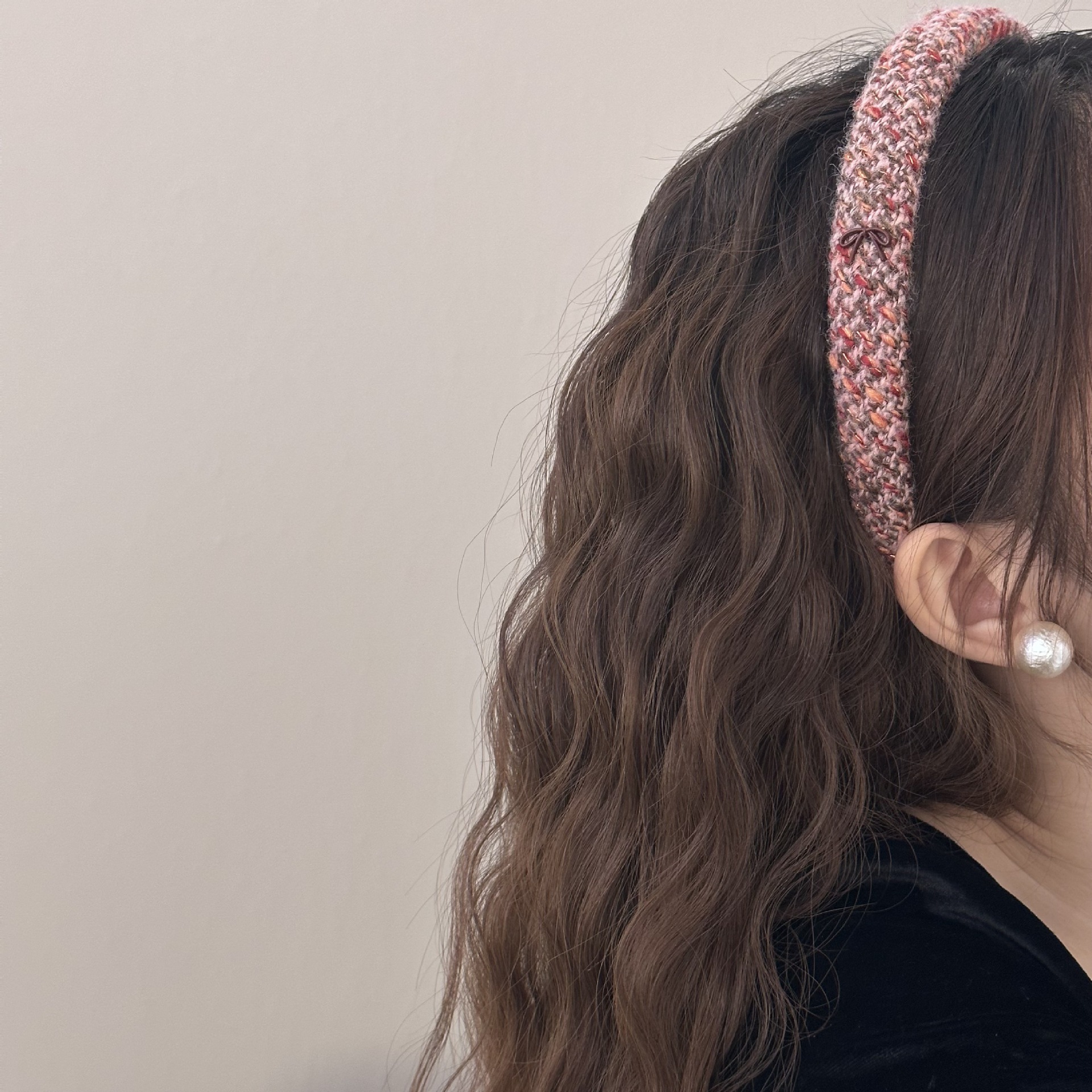 ヘアアクセサリー ふんわりツイード編み込みリボン付きカチューシャ