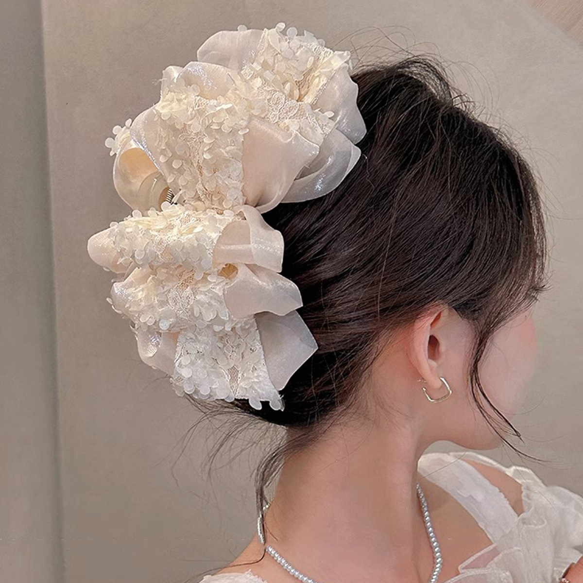 ヘアアクセサリー 可愛いレース花柄大きめクリップ