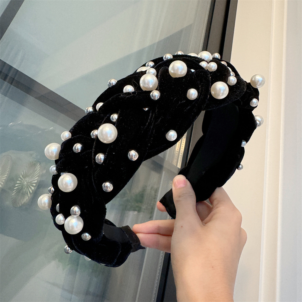 ヘアアクセサリー 真珠ビジュー付きベルベットカチューシャ髪飾り黒