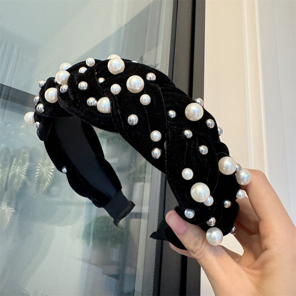 ヘアアクセサリー 真珠ビジュー付きベルベットカチューシャ髪飾り黒