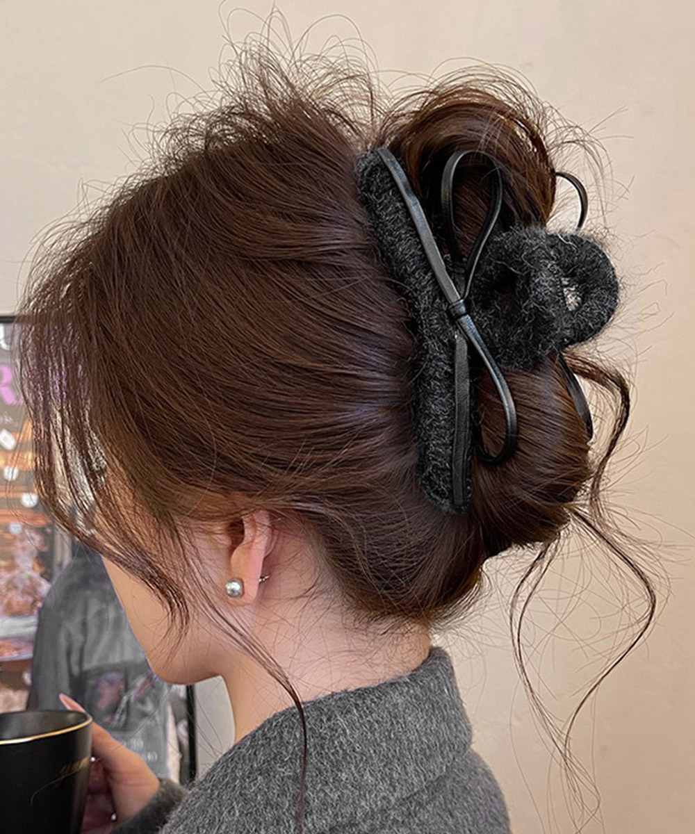 ヘアアクセサリー リボンバレッタ起毛質感大きめヘアクリップ秋冬