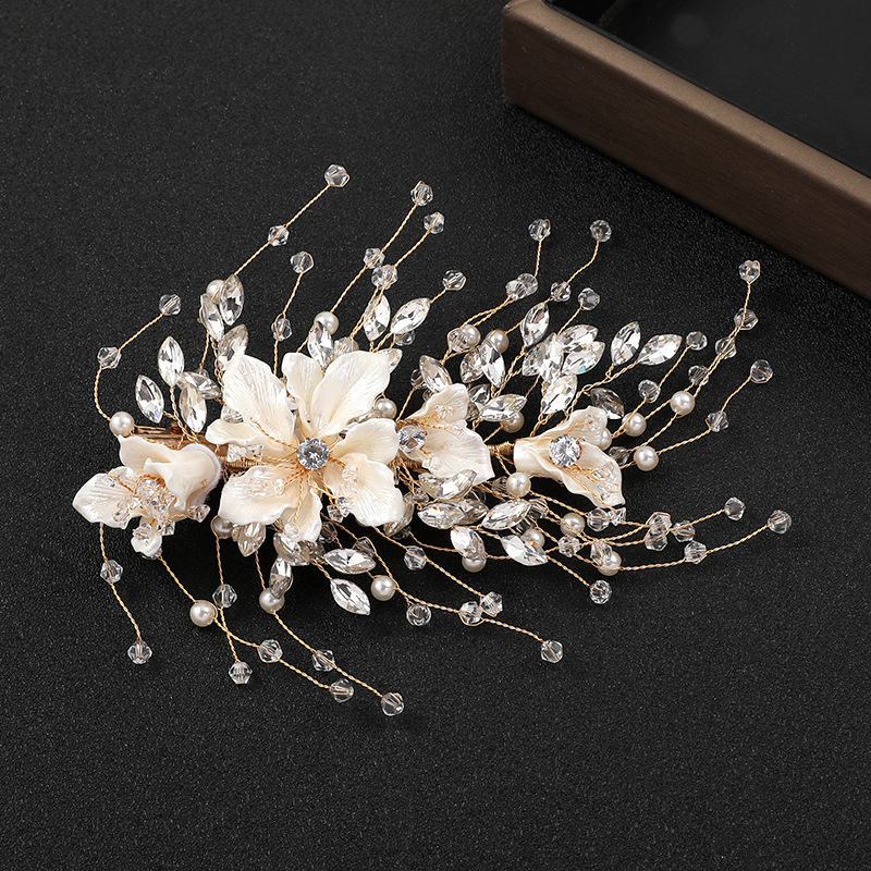 ヘアアクセサリー 花びら輝石と真珠の繊細枝葉装飾櫛