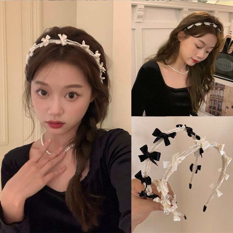 ヘアアクセサリー 連なる小さなリボンと煌めきパール装飾カチューシャ