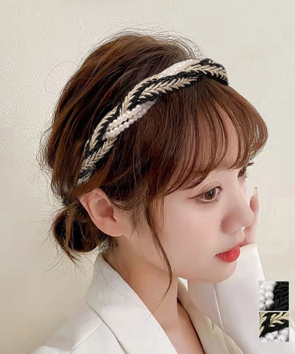 ヘアアクセサリー 上品な真珠三つ編みカチューシャ 編み込み髪飾り