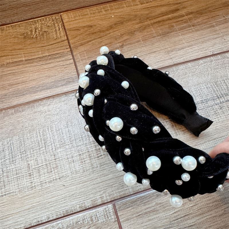 ヘアアクセサリー 真珠ビジュー付きベルベットカチューシャ髪飾り黒