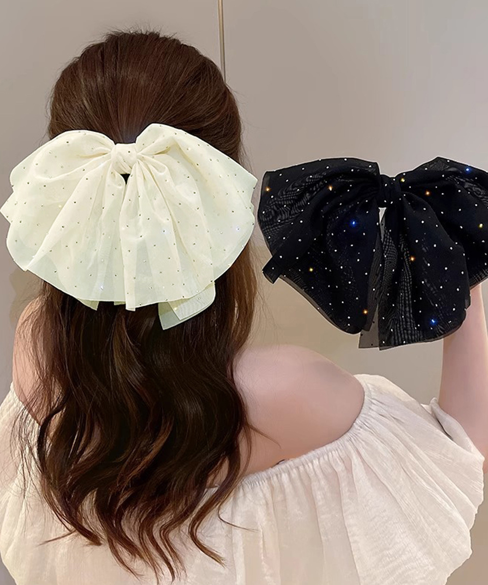 ヘアアクセサリー 大きめ煌めきリボンバレッタ上品ヘアクリップ