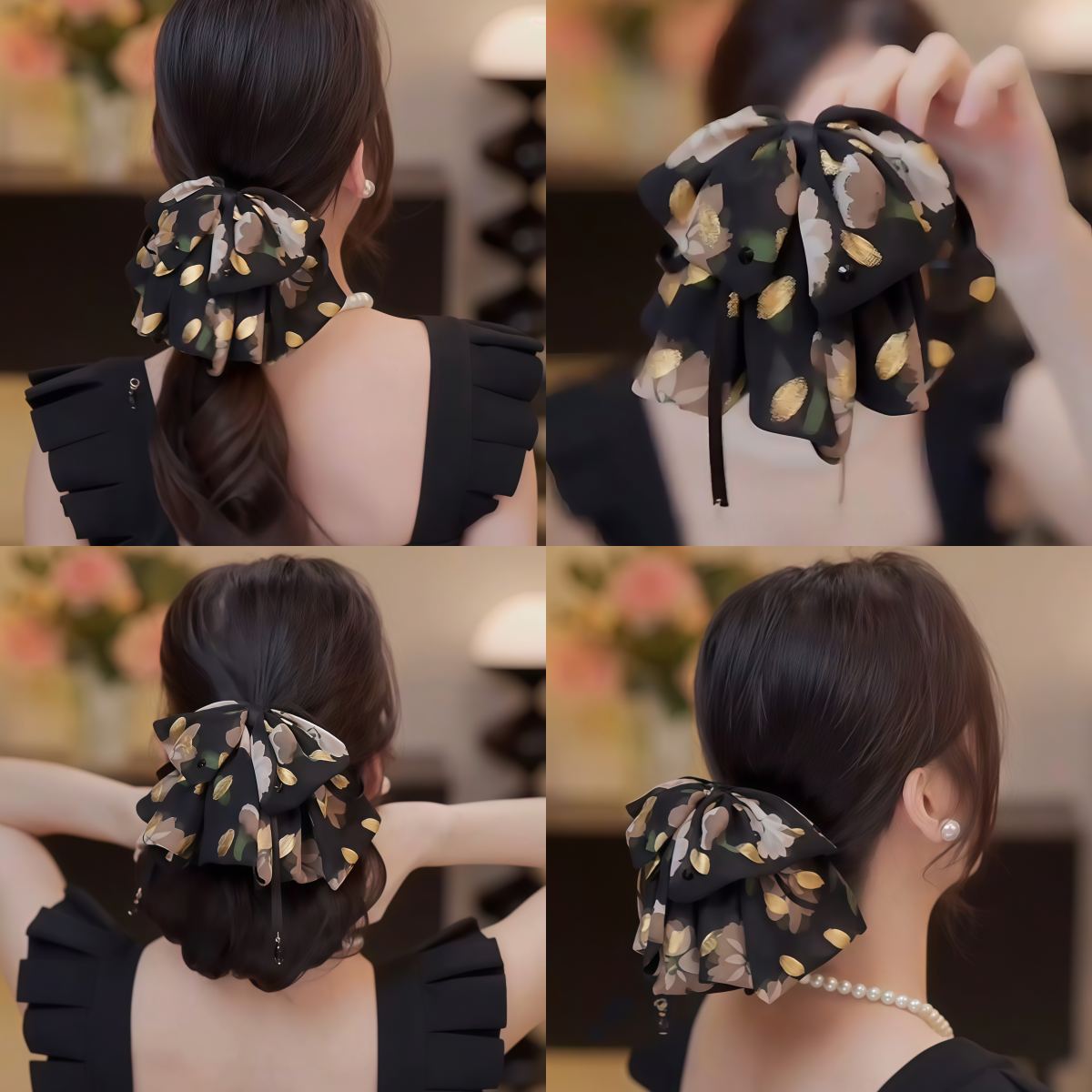 ヘアアクセサリー 優美な花模様リボンバレッタ