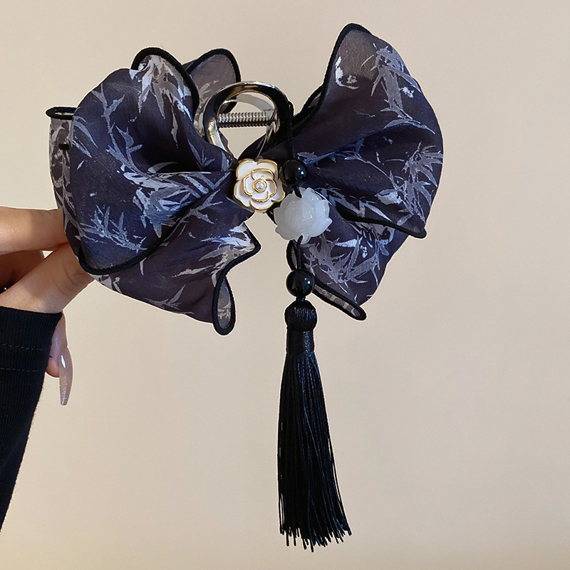 ヘアアクセサリー 花柄シフォン房飾り付きバレッタ