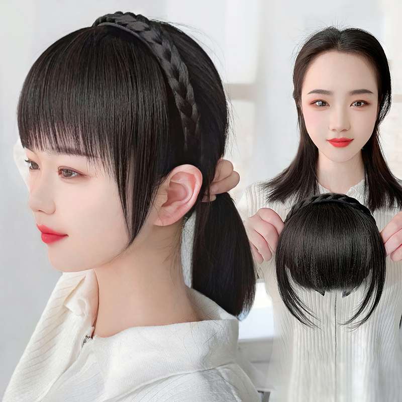 ウィッグ 前髪ぱっつん編み込みヘアバンド