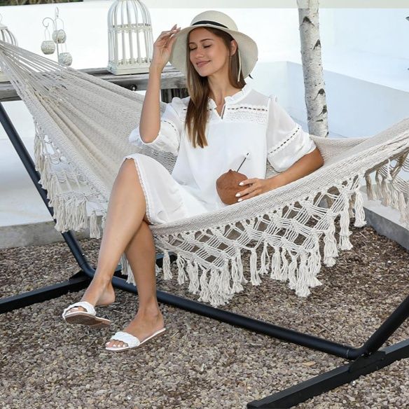 ハンモックベランダ特大編み込みフリンジ付き自立式ハンモック