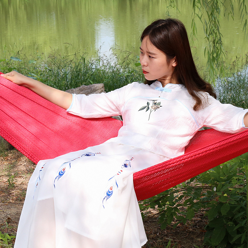 ハンモックキャンプ 通気性抜群メッシュ編み屋外用吊り下げ式寝具