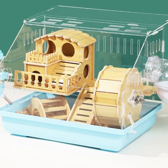 ハムスターケージ 超大空間木製別荘付き透明ハムスターケージ