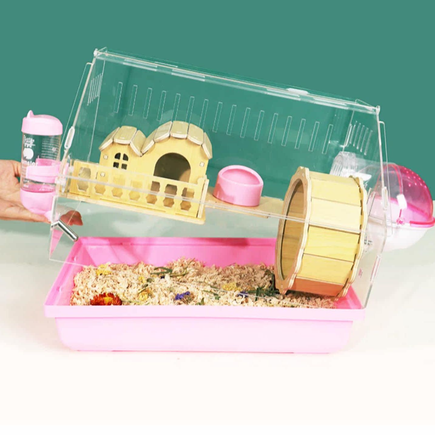 ハムスターケージ 超大空間木製別荘付き透明ハムスターケージ