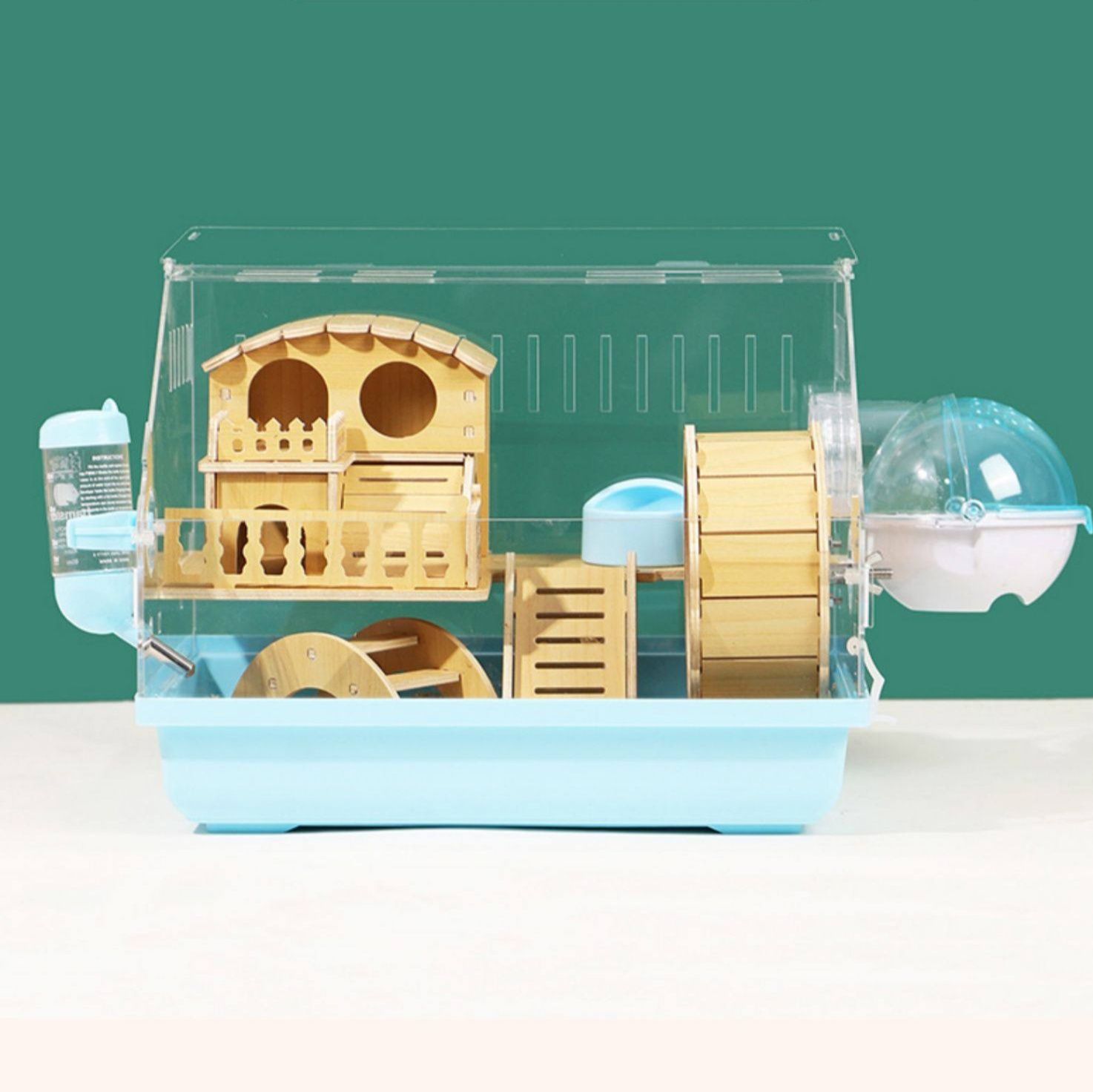 ハムスターケージ 超大空間木製別荘付き透明ハムスターケージ