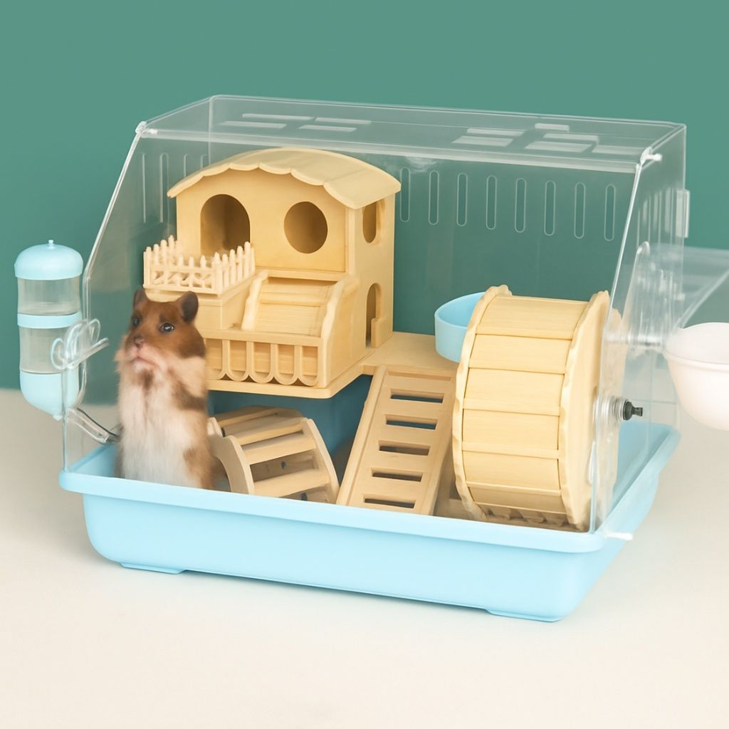 ハムスターケージ 超大空間木製別荘付き透明ハムスターケージ