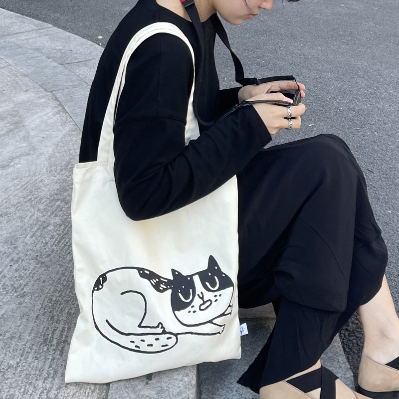 帆布バッグ ねこイラスト帆布バッグ肩掛けトート