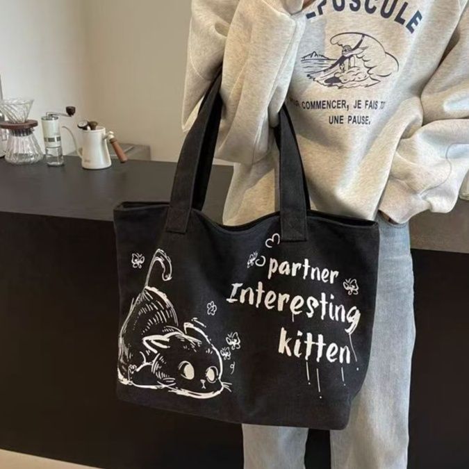帆布バッグ 猫イラスト帆布バッグ 大容量トートバッグ