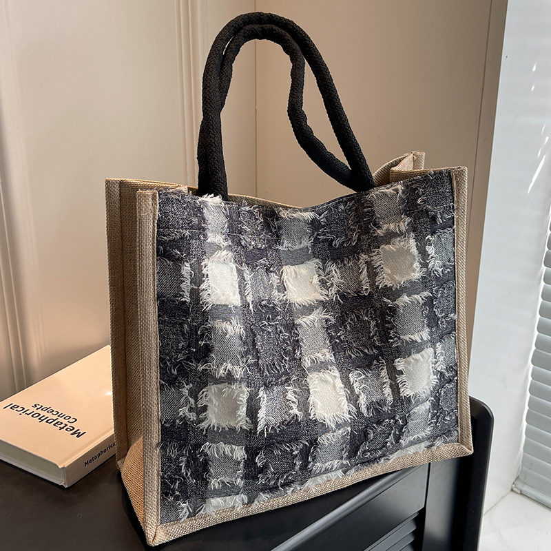 帆布バッグ フリンジチェック柄帆布トートバッグ肩掛け