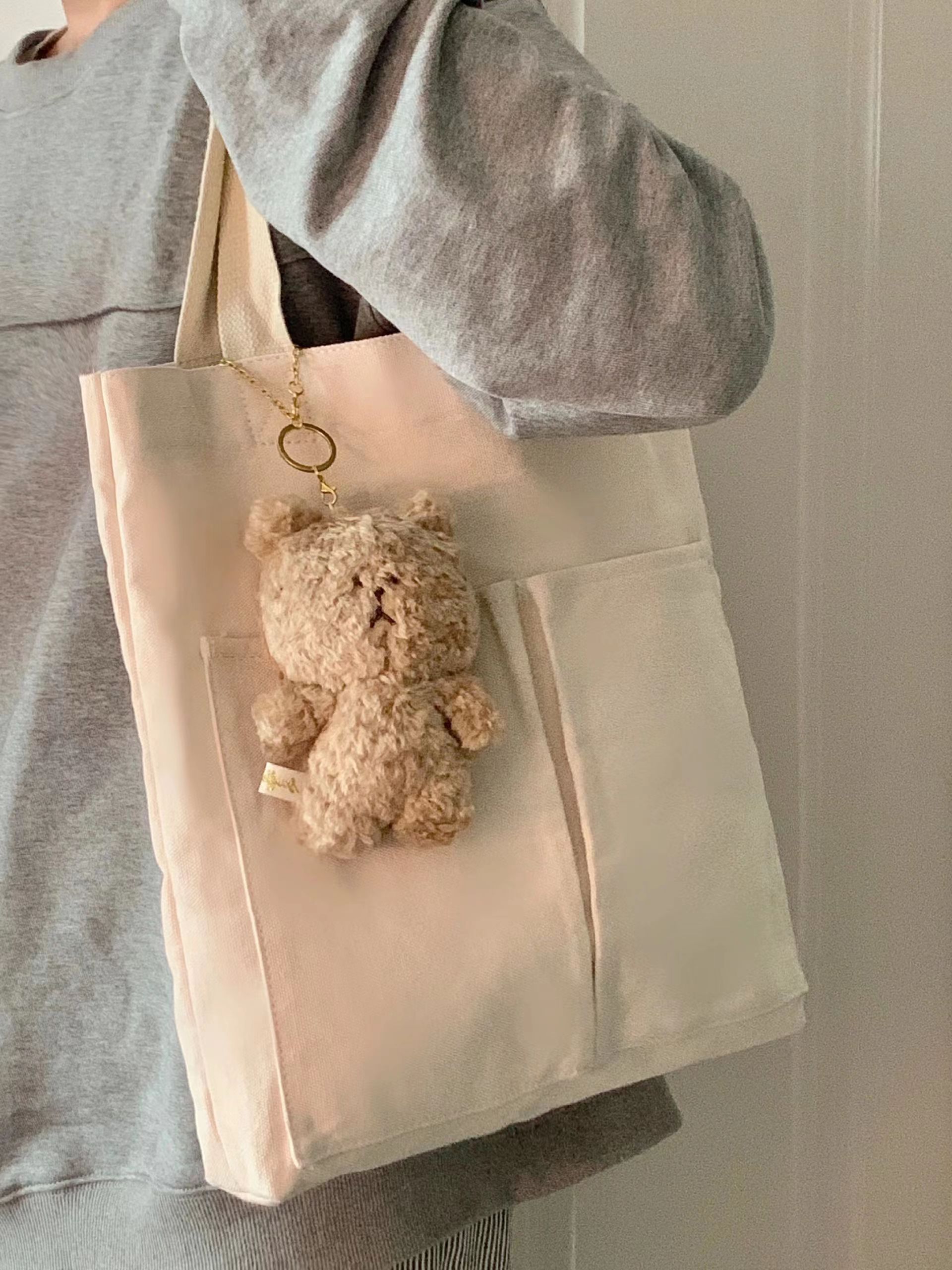 帆布バッグ くまのぬいぐるみ付き帆布肩掛けトートバッグ