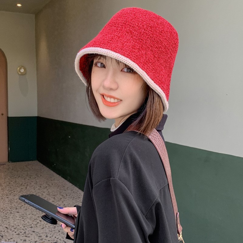 帽子 レディース 編み込み風配色縁取りバケット型帽子