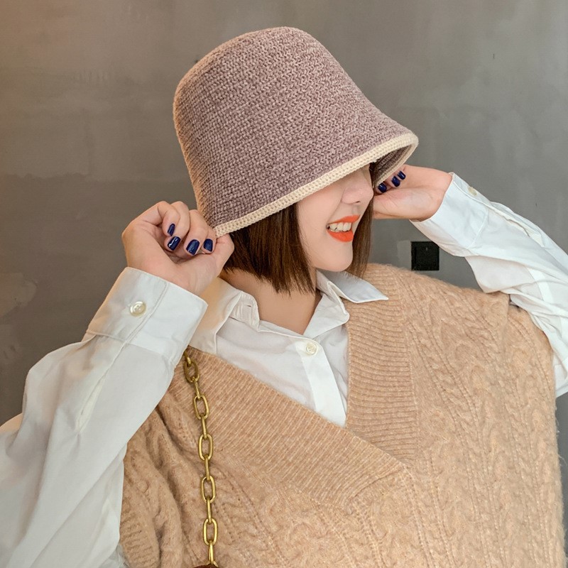 帽子 レディース 編み込み風配色縁取りバケット型帽子