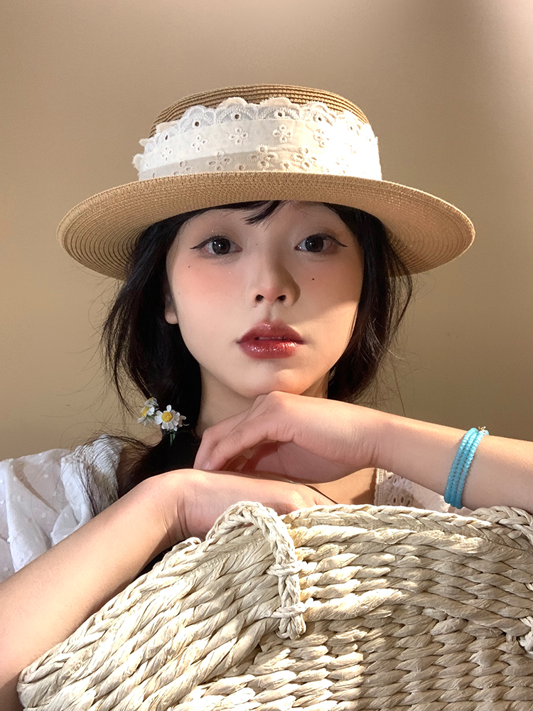 帽子 レディース 花レース飾り　麦わらカンカン帽