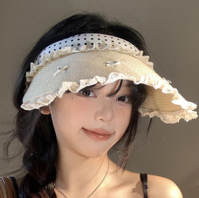 帽子 レディース フリル付き水玉サンバイザー