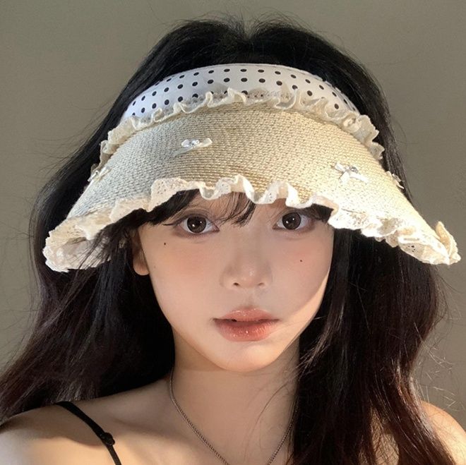 帽子 レディース フリル付き水玉サンバイザー