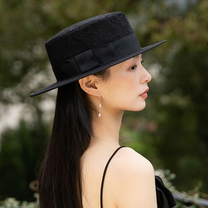 帽子 レディース リボン飾り　平つば麦わら帽子