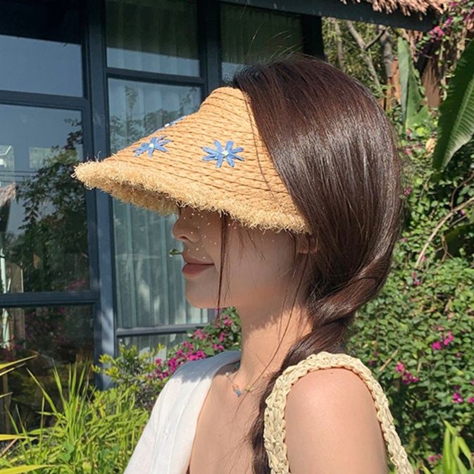帽子 レディース 花刺繍フリンジサンバイザー