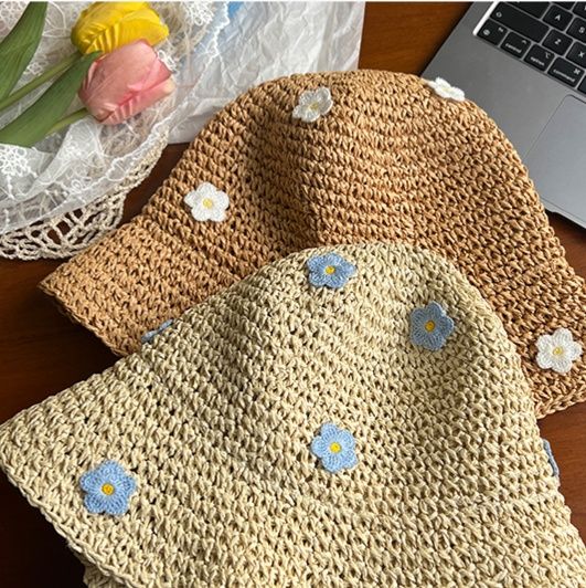 帽子 レディース 花モチーフ付き草編みバケットハット