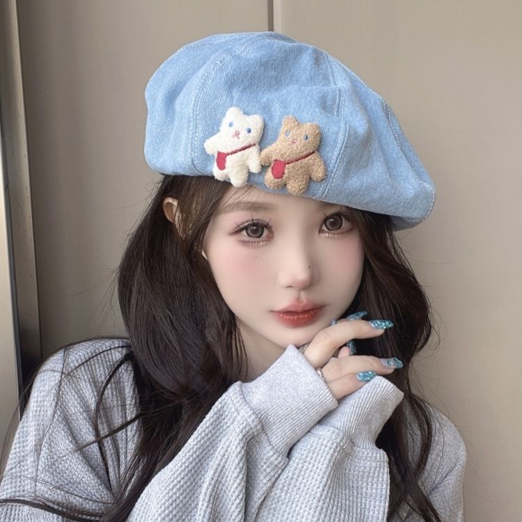 帽子 レディース くまちゃん飾り付きデニムベレー帽