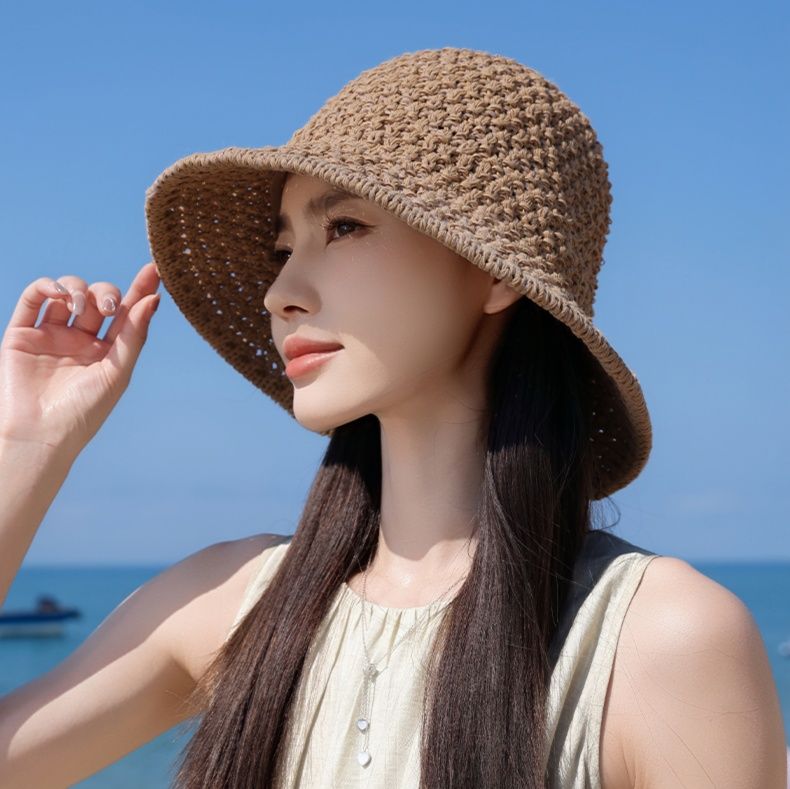帽子 レディース 透かし編み手編み風つば広バケットハット