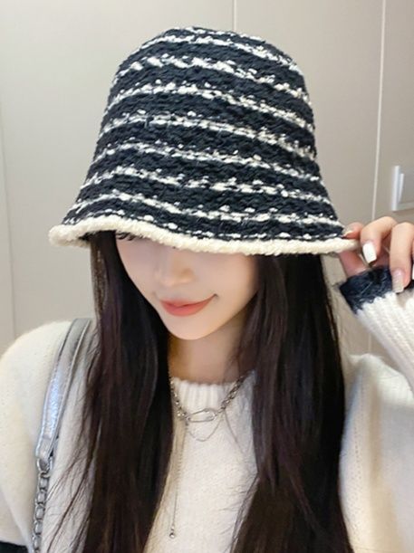 帽子 レディース 千鳥格子模様編み込み風バケットハット