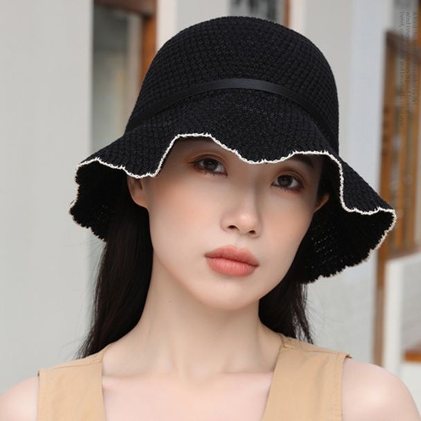 帽子 レディース フリル縁編み込みつば広日除け帽子