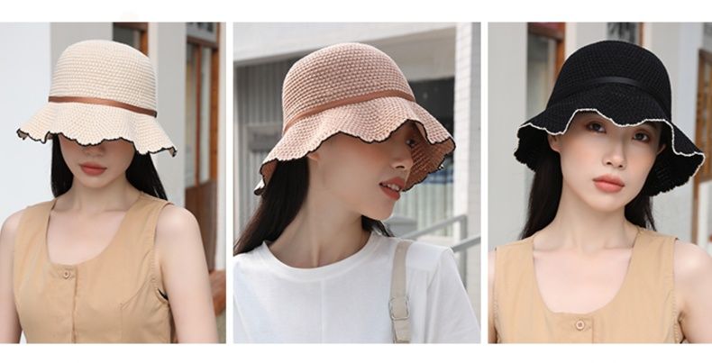 帽子 レディース フリル縁編み込みつば広日除け帽子