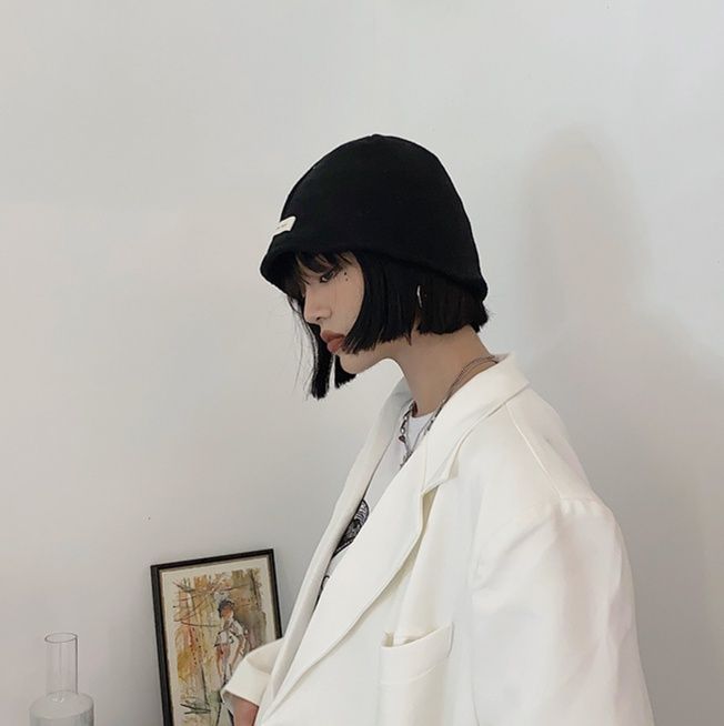 帽子 レディース　レトロ シンプルラベル付きニット素材　バケットハット