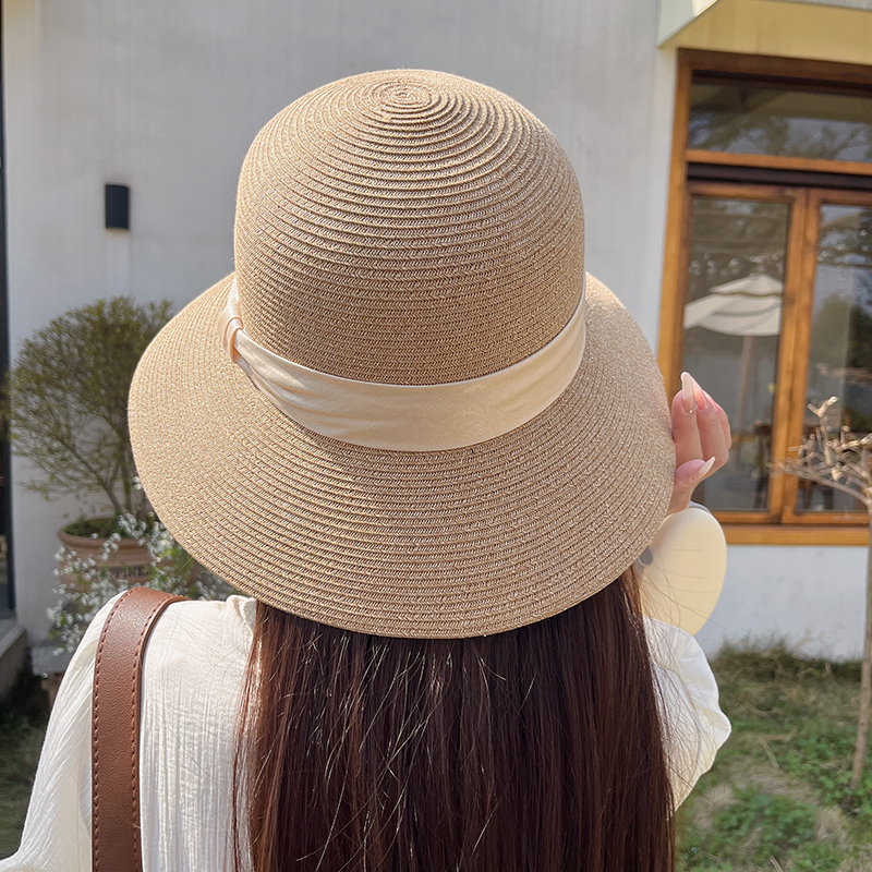 帽子 レディース 上品リボン付きつば広麦わらハット