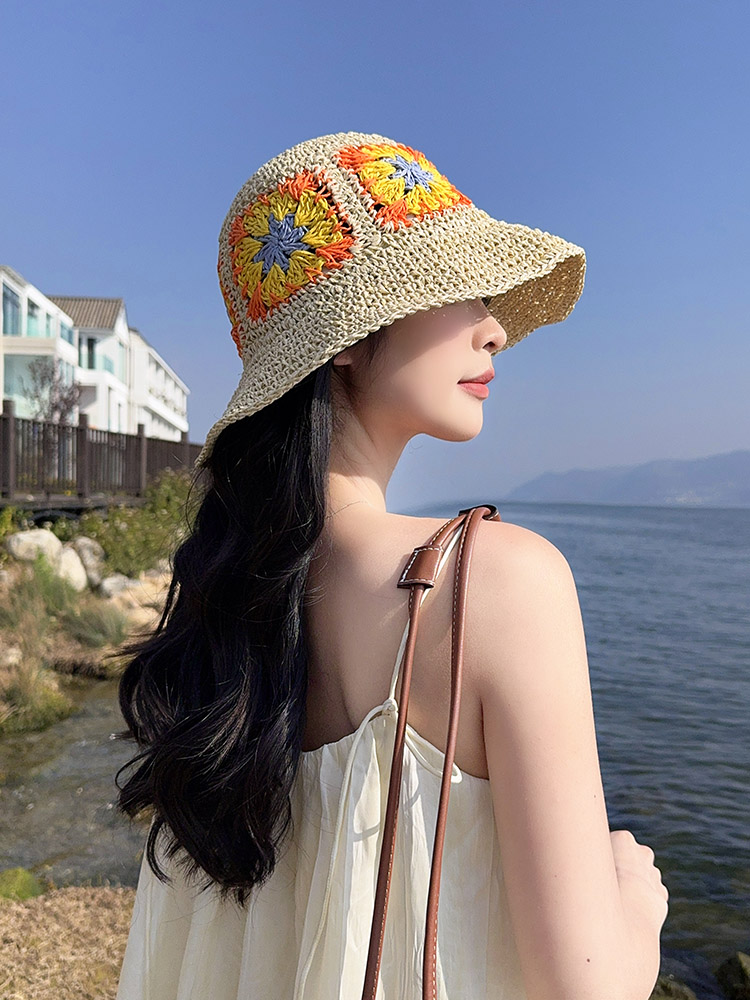 帽子 レディース お花モチーフ 手編みバケットハット